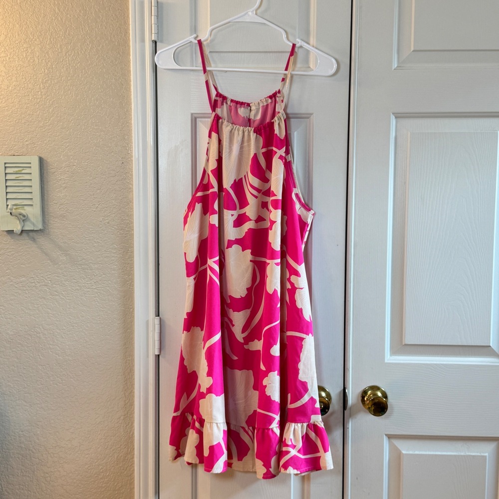 Pink Halter Spaghetti Strap Dress w/ Ivory Flowers  with Key Hole Tie Back SzOXL